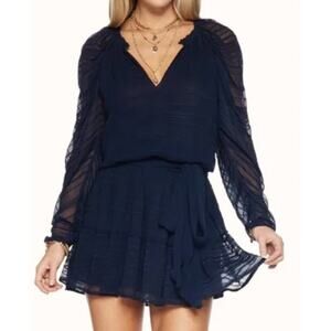 Ramy Brook Parker Organza Navy Blue Mini Dress Long Sleeve XS Wedding Guest